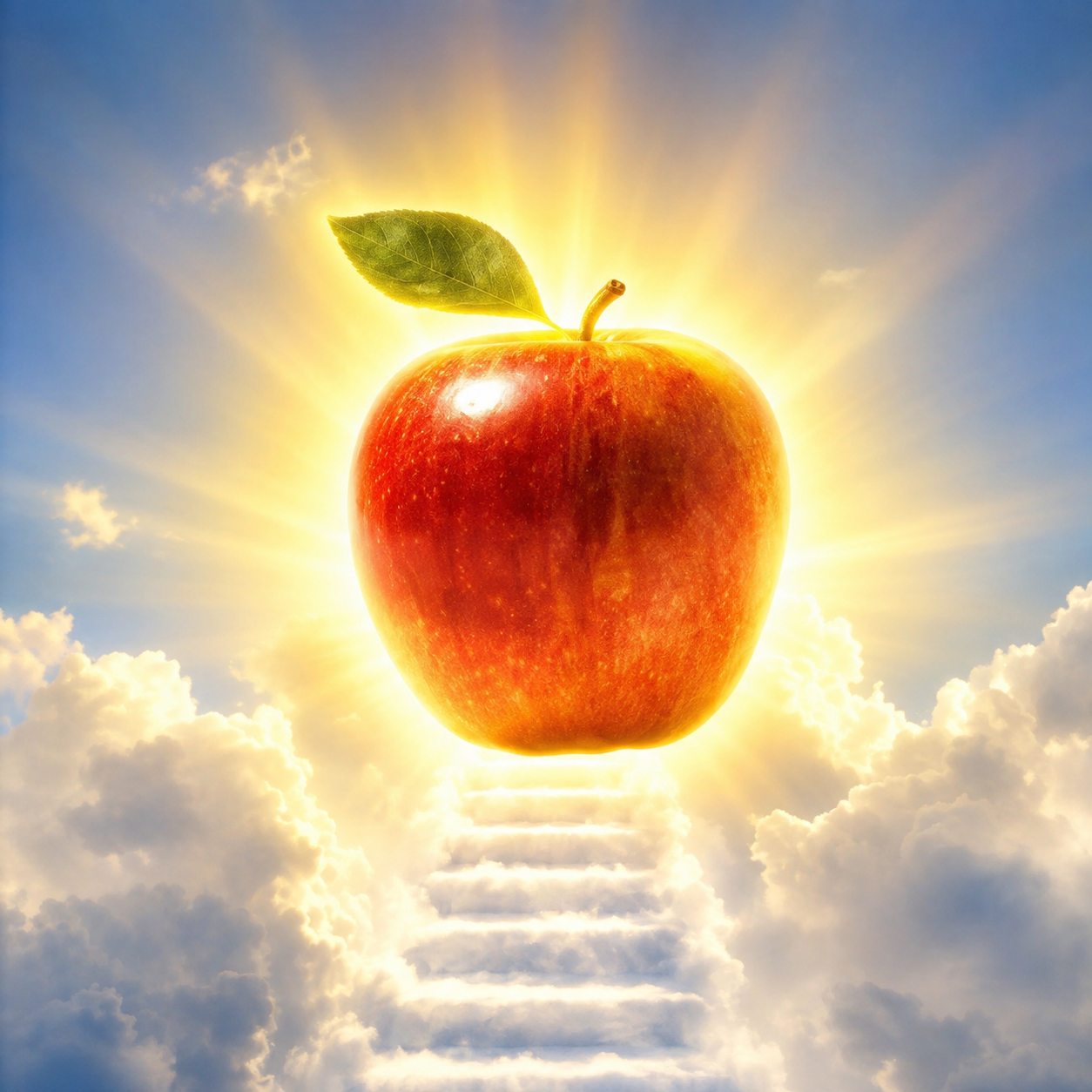 Glowing forbidden apple above a staircase of clouds